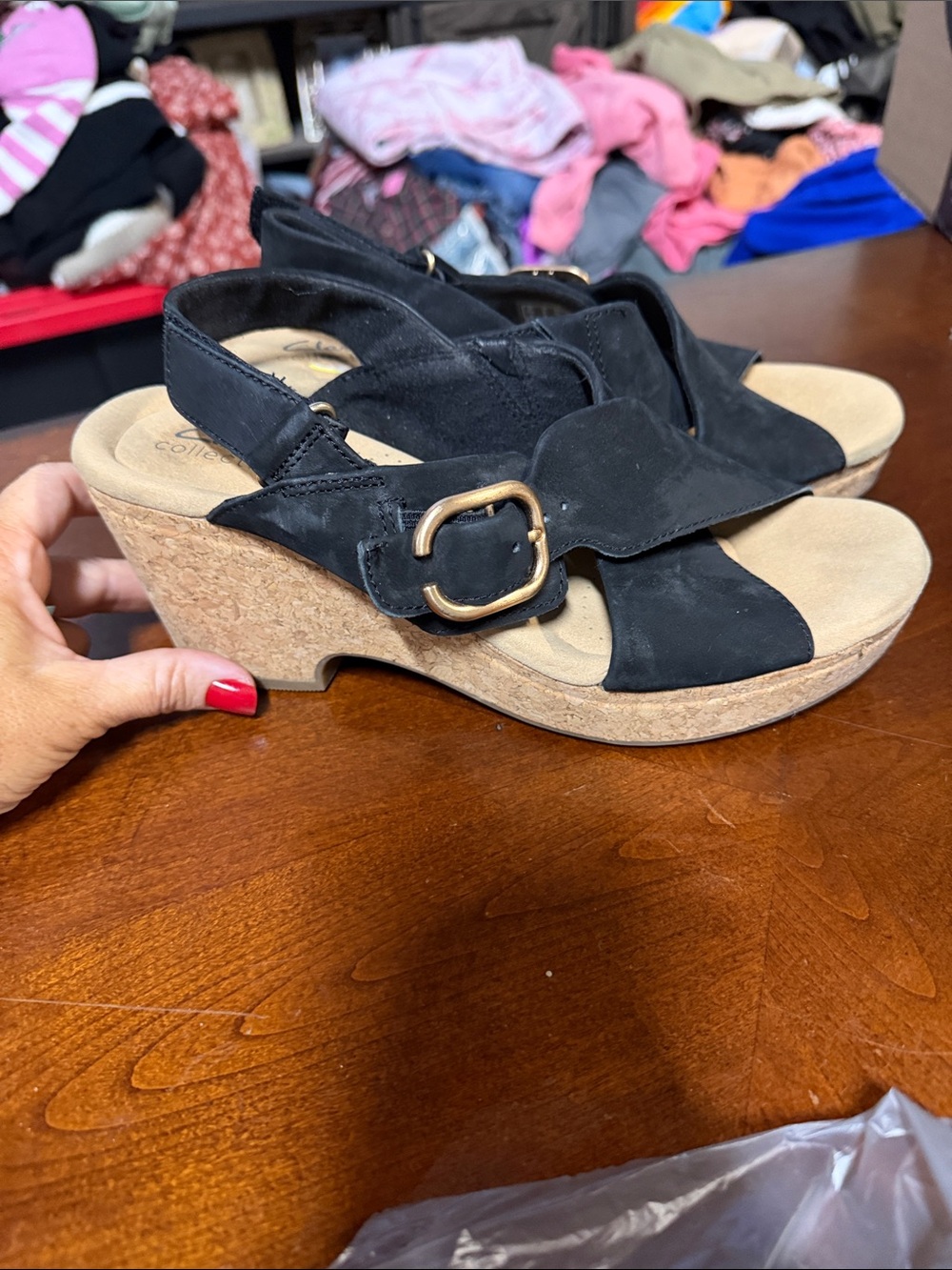 Clarks Black Suede Cork Wedge Sandals with Gold Buckle